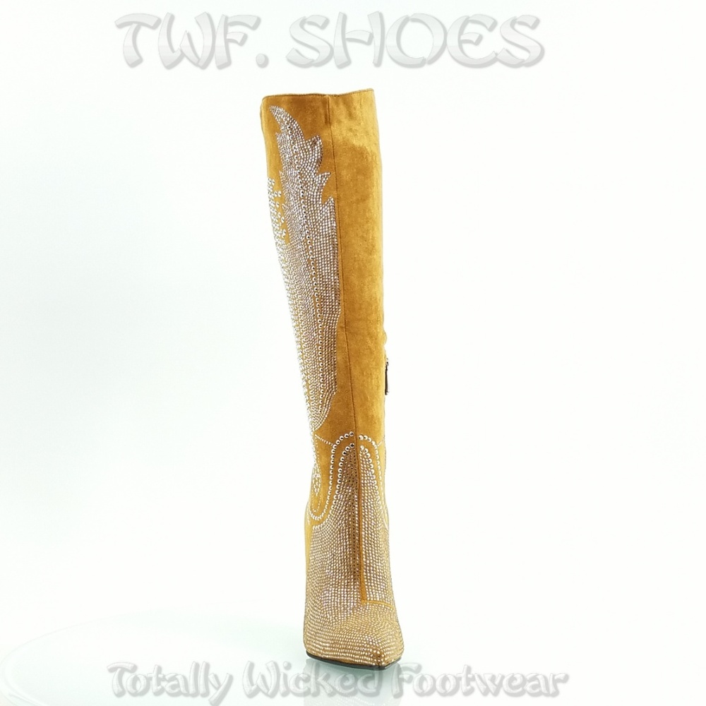 Tan Western Knee High Sexy Boots Studs & Stones - Picture 6 of 10